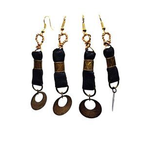 Recycled leather brass earrings gold tone wires